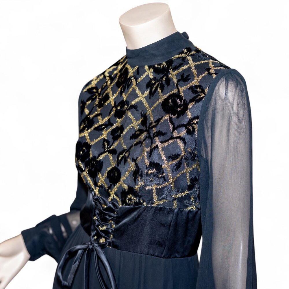 Vintage 70s Shubette of London Velvet Devore Prairie Gothic Maxi Dress * Medium - Picture 8 of 13